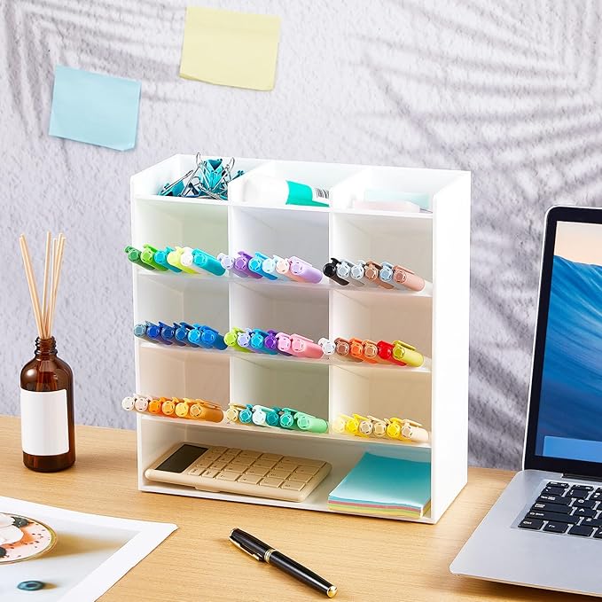 Acrylic Pen Organizer Storage for 150 Markers Vertical Marker Organizer Acrylic Pen Display Holder for Office Desk Desktop Stationery Pencil Storage, White, 10.2 x 4 x 9.8 Inch