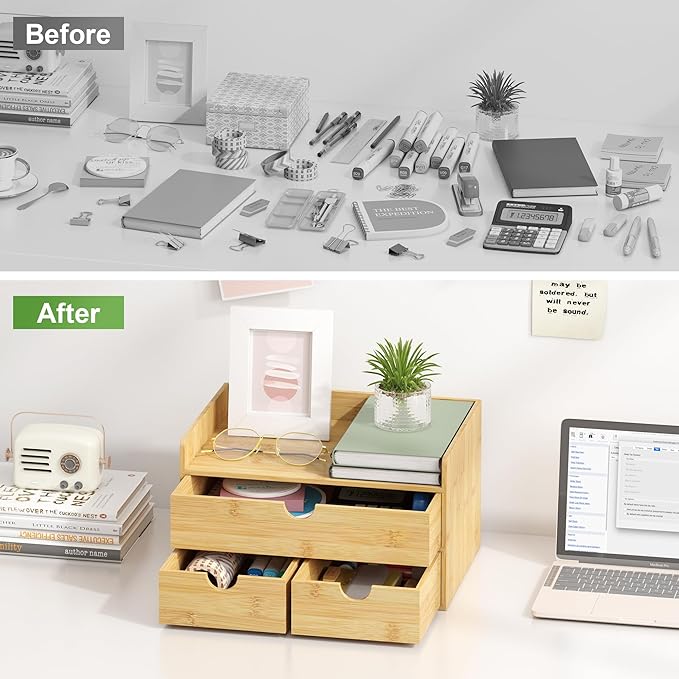 Desk Organizer With Drawers - Bamboo Wood Desktop Mail Organizer Storage Box for Office Home Bathroom Vanity Dresser Top, No Assembly Required (3 Drawers)