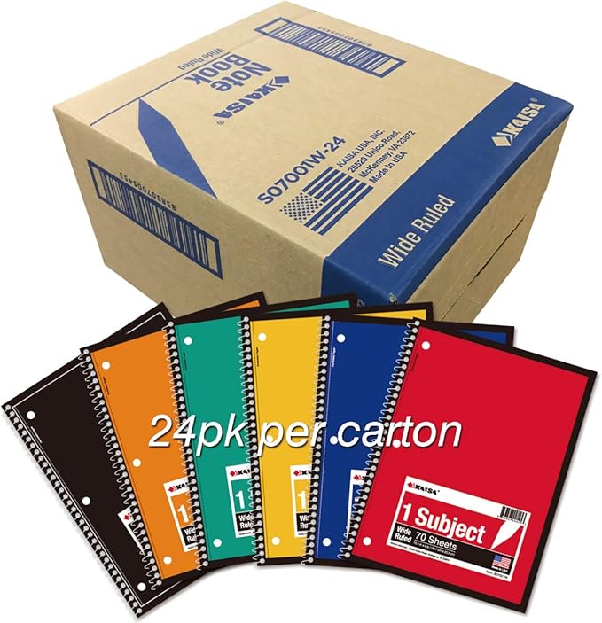 KAISA Spiral Notebooks 1 Subject Note Books,70 Sheets 10.5x8in Wide Ruled, Paper Note Books Home School Supplies for Students Office, 1Carton of 24Books