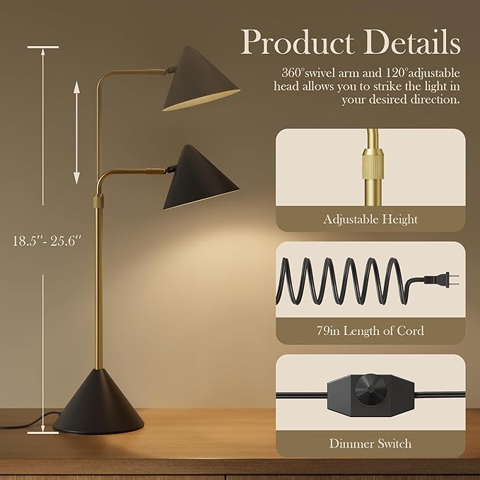 Metal Desk Lamp, 3000k Soft Light Modern Desk Lamp with Dimmer Switch, Adjustable Lighting with Swivel Arm Reading Lamp for Bedside Table, Office Desk, Task Light, Living Room(Black&Gold)