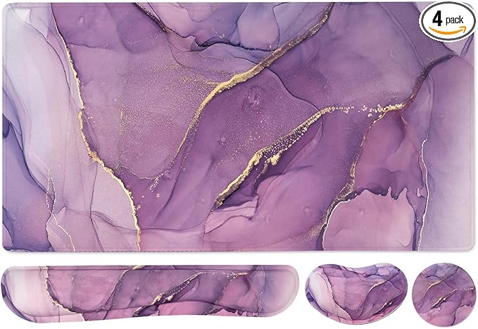 Large Keyboard Mouse Pad Set, Extended Mouse Pad+Keyboard Wrist Rest Support, Memory Foam Ergonomic Easy Typing, 4Pcs (35.4×15.7 in) Desk Pad Set for Home Office Study Game - Purple