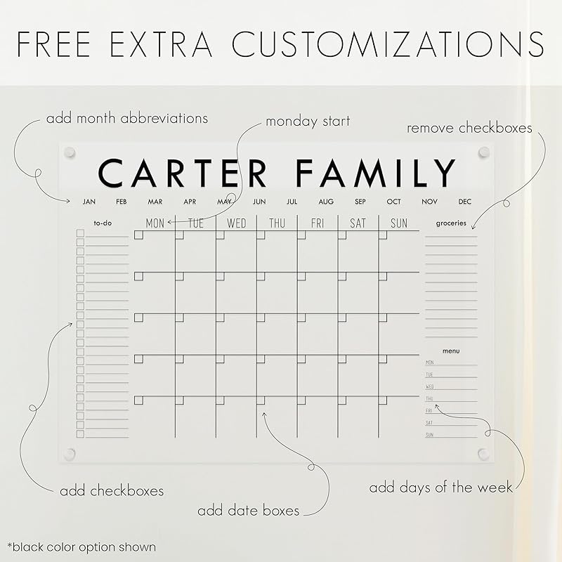 Personalized Clear Acrylic Calendar for Wall, Calendar Whiteboard for Wall, Dry Erase Wall Calendar, Wall Calendar Organizer System for Home (Block, White, 31"W x 23"H)