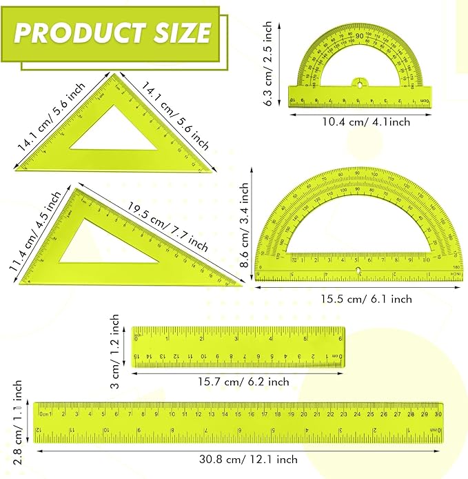Tenare 6 Pcs Plastic Ruler Math Set Includes 12 Inch 6 Inch Straight Protractor Triangle Geometry Transparent Math Ruler Measuring Tools for School Office Home(Yellow)