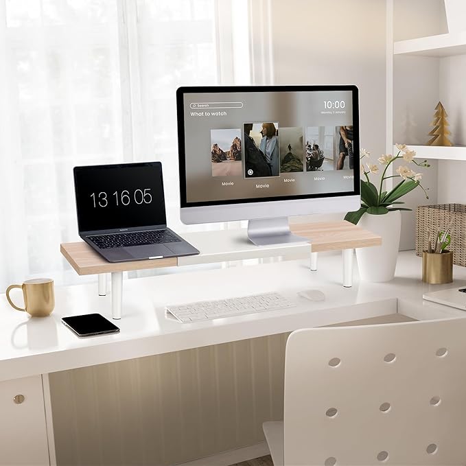 Dual-Monitor-Stand-Riser-For-Desk Adjustable Length 32-40 Inch，Large Desktop Computer Monitor Riser For 2 Screens，Desk Shelf Organizer Riser Stand For Computer/Laptop/PC/Printer/TV Maple