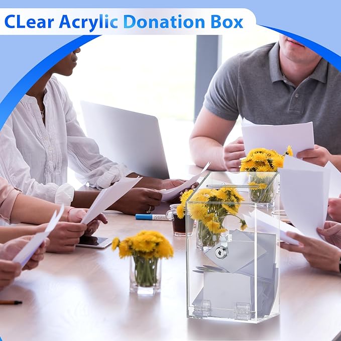 Acrylic Donation Box 10.2" x 5.6" x 4" Suggestion Box with Lock and Slot Wall Mount Safe Key Drop Ballot Clear Fundraising for Home Office Vote