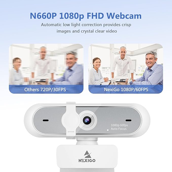 NexiGo N660P (Gen 2) 1080P 60FPS Webcam with Software Control, Dual Microphone & Cover, Autofocus, HD USB Computer Web Camera, for OBS/Zoom/Skype/FaceTime/Teams/Twitch, White