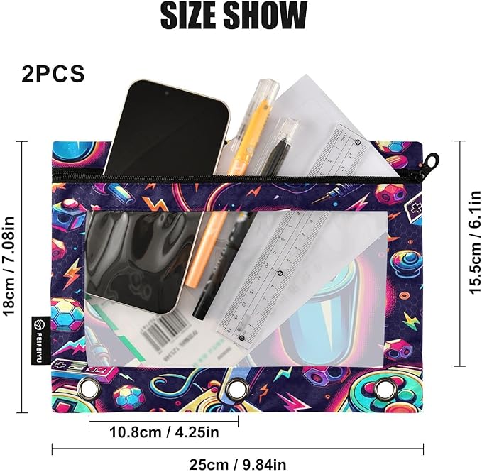 Bright Game Joystick Pencil Pouch for 3 Ring Binder, 2 Pack Waterproof Pencil Bags Clear Window Zipper School Office Supplies