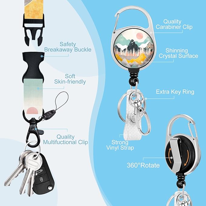 Gctriki ID Badge Holder with Lanyard, Sunrise Mountain Lanyard for Keys, Mountain Sunset Retractable Badge Reel Clip, Teacher Lanyards for ID Badges Holder, Nurse Teacher Workers Women Office Gifts