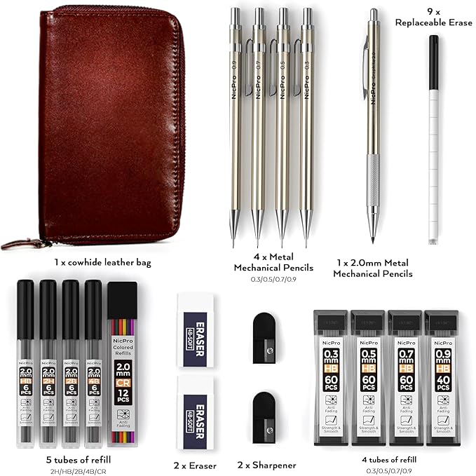 Nicpro 20PCS Metal Mechanical Pencil Set in Leather Case, 0.3 & 0.5 & 0.7 & 0.9 mm & 2mm Lead Pencil Holders, (4B 2B HB 2H) Lead Refills (Black & Colors), Erasers, For Art Drafting Sketching Drawing