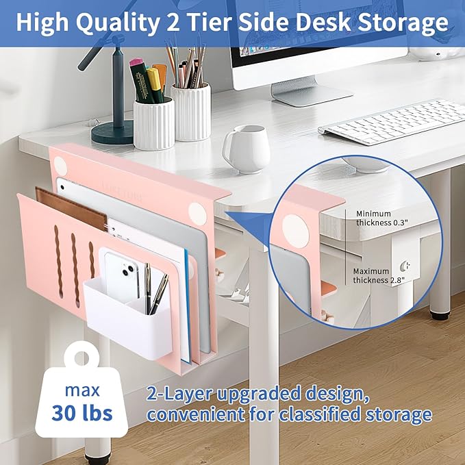 LUKETURE Desk Side Storage, 2 Tier Steel Hanging Organizer, No Drill Side Desk Organizer, Laptop Holder, with Pen Holder, Hanging Table Storage for Office Home, Fits Flat Edge Tables 0.3" to 2.8"
