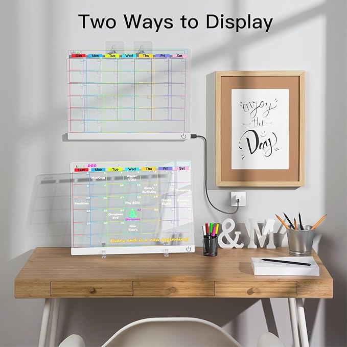 Acrylic Dry Erase Board Calendar with Light, 13.7"X10" LED Note Board with 6-Color Neon Glow Memo Monthly Planning Board for Gift/Room/Office/Wall with Stand, 7 Markers, White