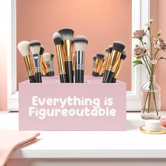 Everything Is Figureoutable Makeup Brush Toothbrush Holder, Preppy Coquette Pink Wooden Pen Pencil Holder Organizer for Dorm Bedroom Desk Accessories, Inspirational Gifts for Women