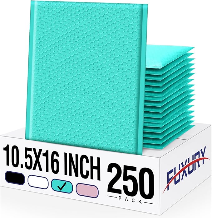 Fuxury 250 Pack Teal Bubble Mailers 10.5x16 Inch, Self Seal Padded Envelopes Waterproof Mailing Envelopes Bubble Padded Cushioning Mailer for Packaging, Small Business Large #5