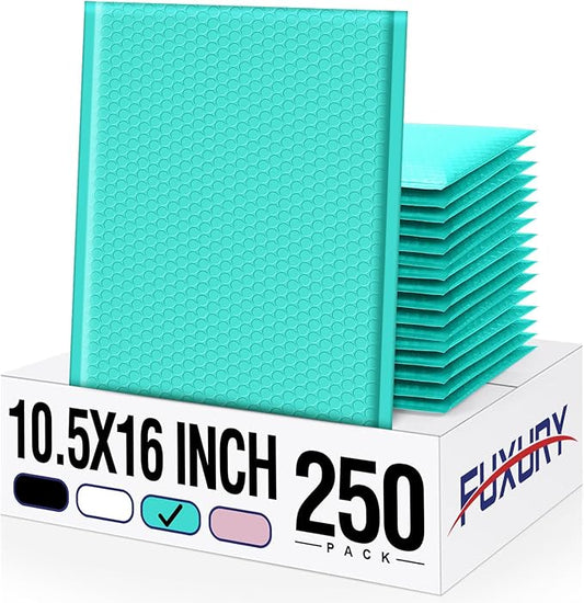 Fuxury 250 Pack Teal Bubble Mailers 10.5x16 Inch, Self Seal Padded Envelopes Waterproof Mailing Envelopes Bubble Padded Cushioning Mailer for Packaging, Small Business Large #5