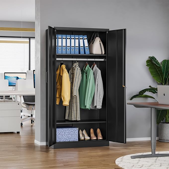 MIIIKO Steel Wardrobe Cabinet for Clothes, 72" Garments Closet Cabinet for Home Office and Bedroom with Shelves and Hanging Rod