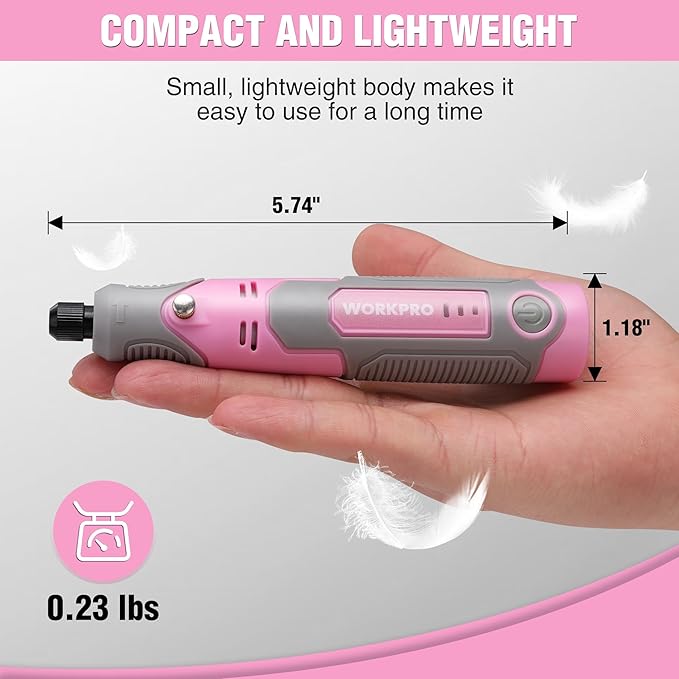WORKPRO Cordless Rotary Tool Kit with 71pcs Accessories, 3 Variable Speeds, USB Rechargeable Mini Rotary Tool for Engraving, Sanding, Polishing, Carving, Cutting, DIY Crafts - Pink Ribbon