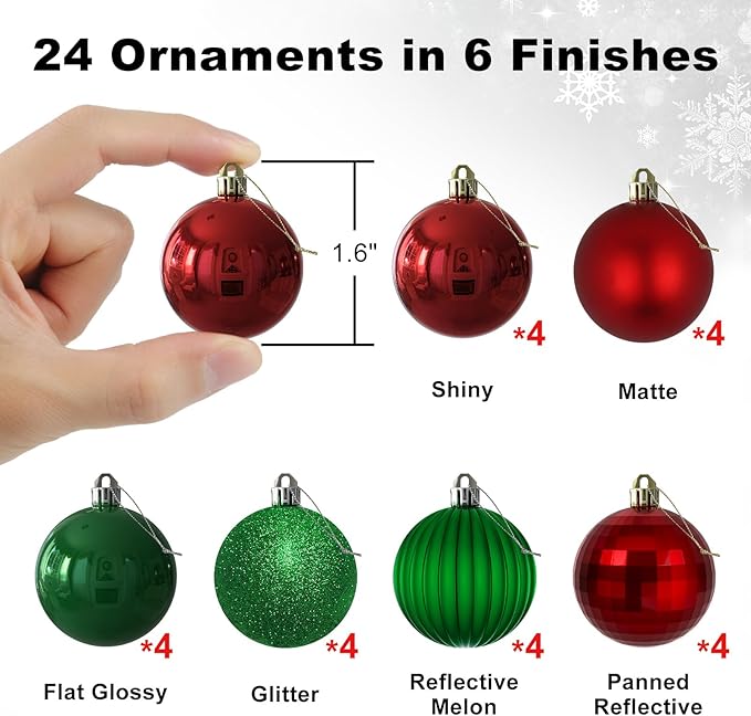 Red & Green 1.6" Small Christmas Balls Christmas Tree Decoration Ornaments Shatterproof Hanging Balls for Birthday Halloween Holiday Wedding Decorations Set of 24pcs