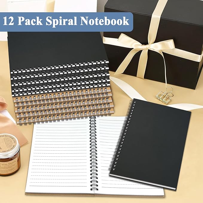 12Pack Small Spiral Notebook A5, 8.25x5.5” 120 Lined Pages Black & Brown Wide Ruled Spiral Journal Bulk Blank Kraft Cover Spiral Bound Notebook & Writing Pads for Home Office Meeting Work Note Taking