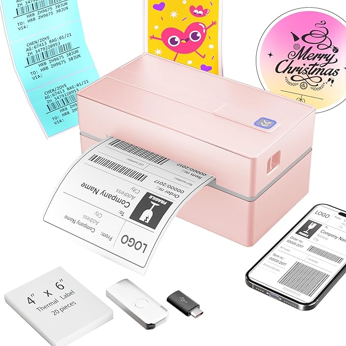 Bluetooth Thermal Shipping Label Printer: 4x6 Wireless Label Maker with Tape for Small Business - Compatible with iPhone, Android, Windows & Mac, Widely Used for USPS UPS Ebay Amazon Shopify, Pink