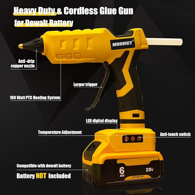 MONVICT Cordless Glue Gun for Dewalt 20V Battery with 50 Glue Sticks, Upgraded 100W Digital Temperature Adjustable Handheld Electric Power Full Size Heavy Duty Hot Glue Gun (Tool only)