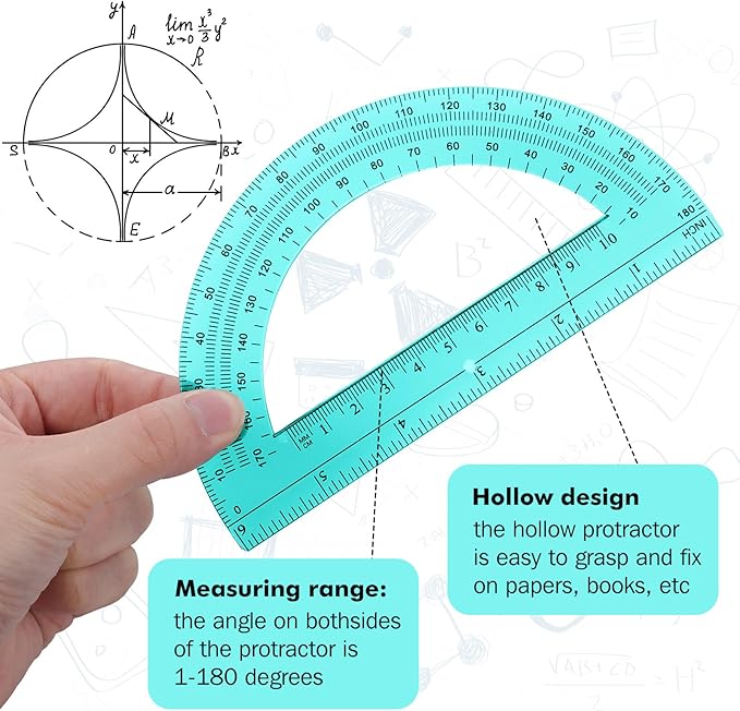 Zonon 2 Pcs 6 Inch Plastic Protractor Math Protractors 180 Degrees Angle Measurement, Translucent for Geometry Classroom Kid Student School Office Supplies(Turquoise)