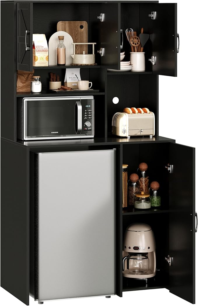 Mini Fridge Cabinet with Storage, Coffee Bar Cabinet with Mini Fridge Space and Outlet, Wine Bar Stand with Microwave Shelf, Beverage Station for Kitchen, Dorm, Office Black KH02MRB