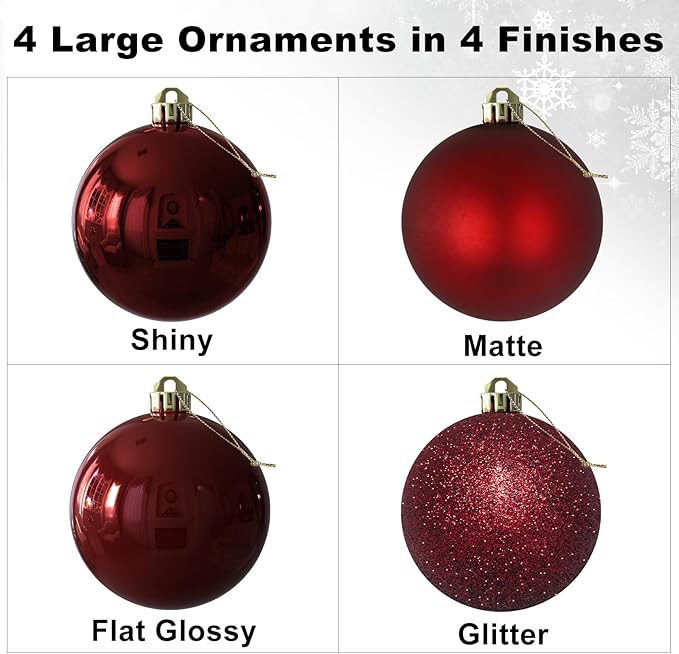 Maroon 4.0" Large Christmas Balls - Christmas Tree Decoration Ornaments Shatterproof Hanging Balls for Birthday Halloween Holiday Wedding Decorations Set of 4pcs
