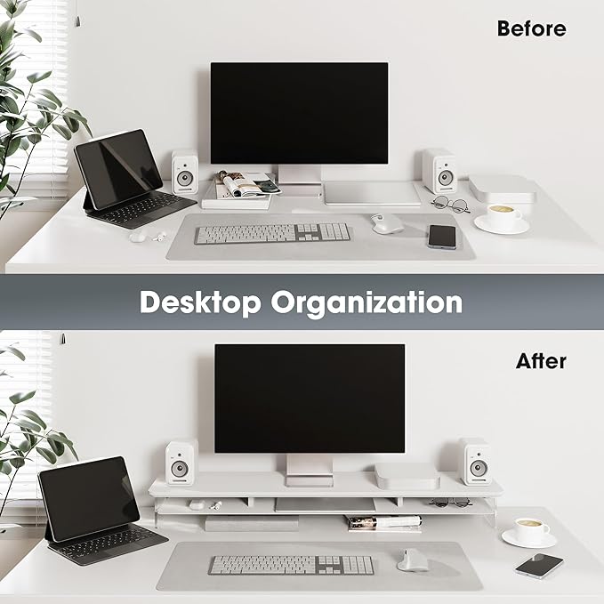 Fenge Acrylic Monitor Stand Riser, 42.5 Inches Dual Monitor Stand with Metal Storage, 2 Tier Acrylic Computer Riser for Desk, Clear Laptop Stand for PC, Laptop, Printer, TV, White