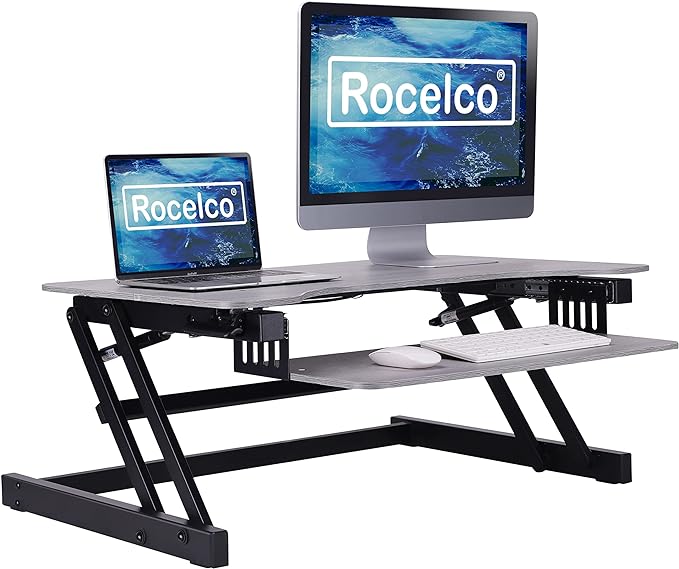 Rocelco 37.5" Deluxe Height Adjustable Standing Desk Converter - Quick Sit Stand Up Dual Monitor Riser - Gas Spring Assist Computer Workstation - Large Retractable Keyboard Tray - Gray (R DADRG)
