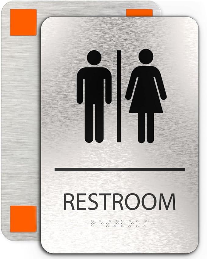 ADASigns Unisex Restroom Sign – 6" x 9" Durable Brushed Aluminum with Braille – Easy Installation with Strong Adhesive Tape – Weatherproof, ADA Compliant Bathroom Sign for Home, Office, & Business