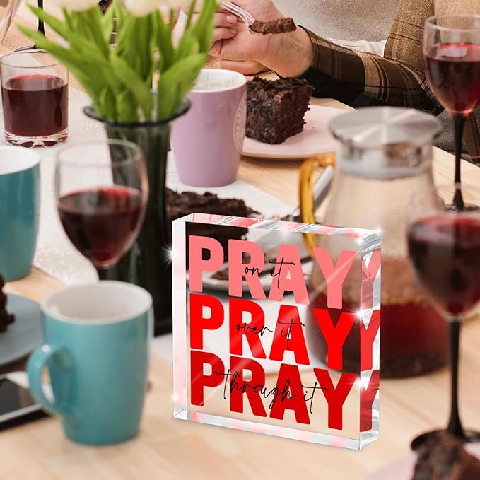 Red Dorm Room Decor for Women, Ideal Christian Gifts for Women - Pray On It,Pray Over It - Bible Verse Desk Art, Inspirational Decor, Desk Decorations for Office, 4 x 4 inches（Red）