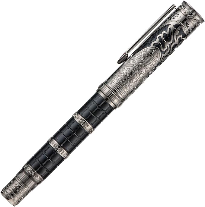 Hongdian D5X Fountain Pen Black Fine Nib, Qin Dynasty Retro Chinese Totem Engraving with Converter and Pen Box Set