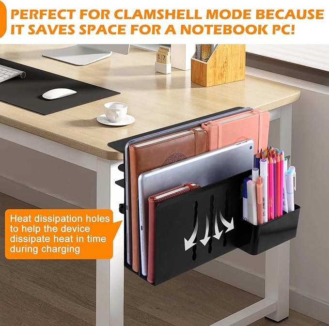 Desk Side Storage, 2 Tier Steel Hanging Organizer, No Drill Side Desk Organizer, Laptop Holder, with Pen Holder, For Office Supplies & Studio Essentials Black