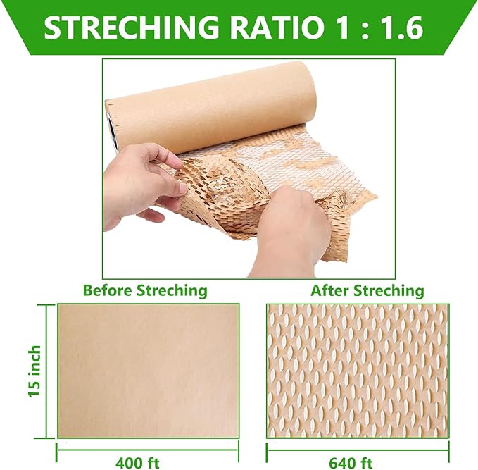 Honeycomb Packing Paper Wrap 15"x400' Sustainable Alternative to Bubble Cushioning Wrap Biodegradable & Fully Recylable for Moving/Shipping/Packing Roll with 20 Fragile Stickers