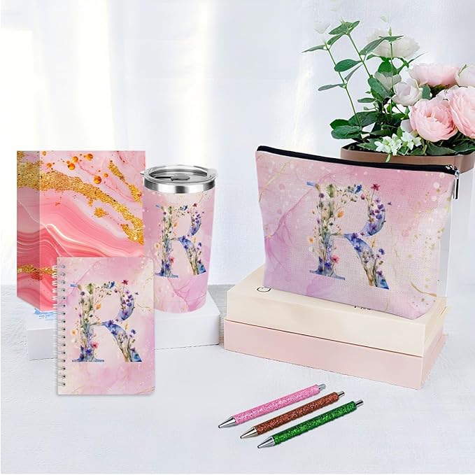 Personalized Gifts Monogrammed Birthday Gifts for Women, New Mom, Grandma Thank You Christmas, Initial 20 oz Tumbler, Makeup Cosmetic Bag Cup Pens Journal Notebook 6 Set, (Aesthetic Pink Flower R)