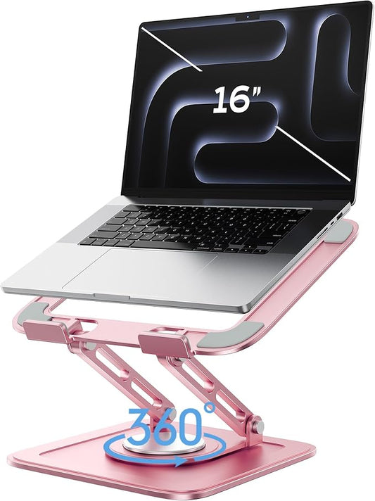 Adjustable Laptop Stand, Computer Stand with 360 Rotating Base, Ergonomic Laptop Riser Mount for Desk Foldable Protable Computer Desk Fits with MacBook Pro Air (10-16") - Pink