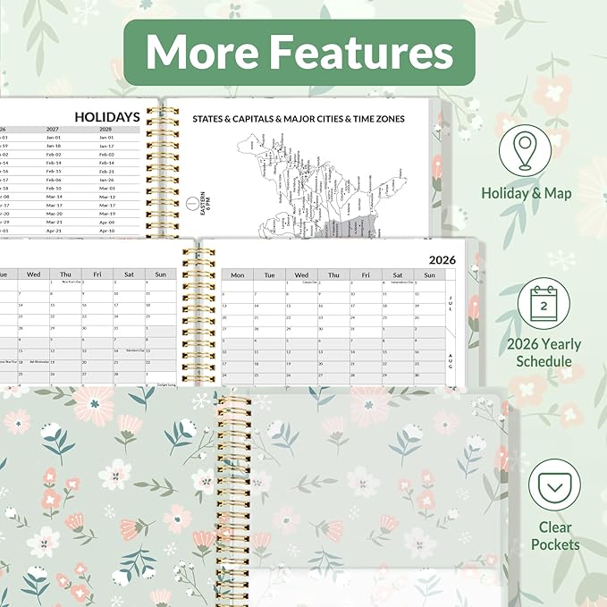 SUNEE 2026 Weekly and Monthly Planner - from January 2026 - December 2026, 8.5"x11" Daily Agenda Planner with Monthly Tab, Flexible Cover, Note Pages, Pockets, Bookmark, Green Wildflowers