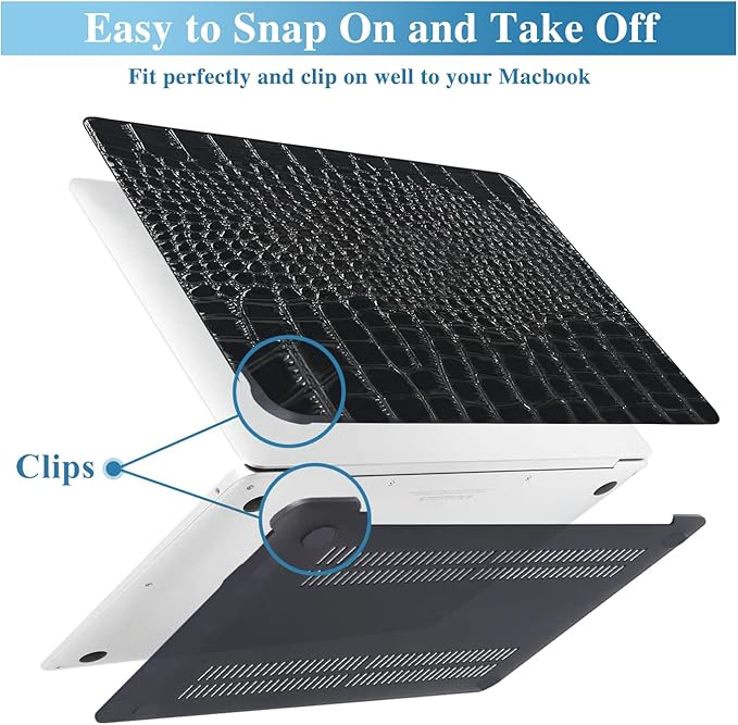 KEROM Compatible with Crocodile MacBook Air 13 inch Case 2021 2020 2019 2018 M1 A2337 A2179 A1932, Textured Elegant Luxury Aligator Skin Snakeskin PU Leather Hard Shell & Keyboard Cover, Shiny Black