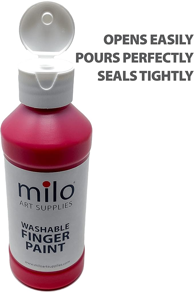 milo Kid's Washable Finger Paint Set of 8 Colors | 8 oz Bottles | Safe and Non-Toxic | Made in the USA | Art & Craft Paints for Kids, Toddlers, Pre School Supplies Painting Set for Children | Easy Pour and Squeeze Bottles