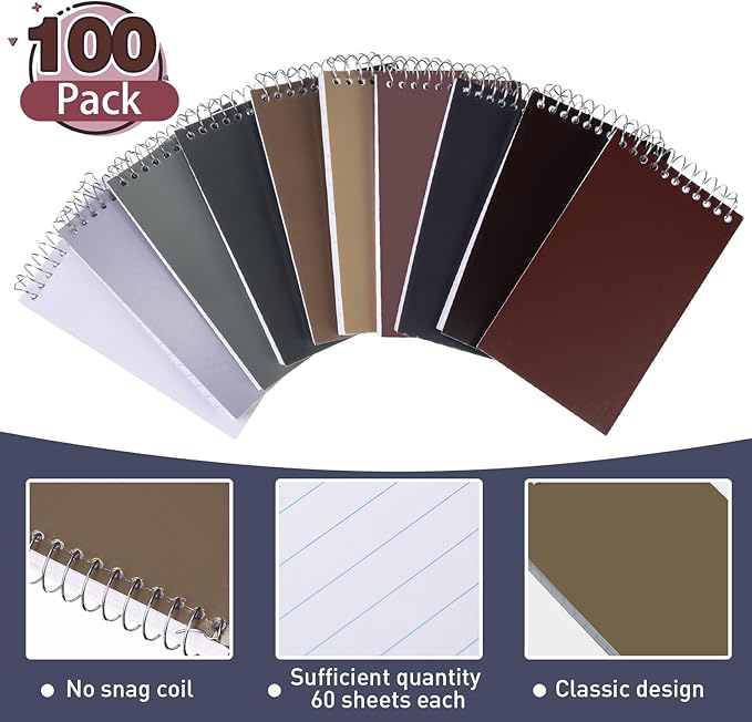 Thenshop 100 Pads Spiral Memo Bulk 3'' x 5'' Top Bound Memo Book 60 Sheets Small Mini Notebooks Lined Wire Bound Pocket Steno Book for Home, Office, School (Multicolored)
