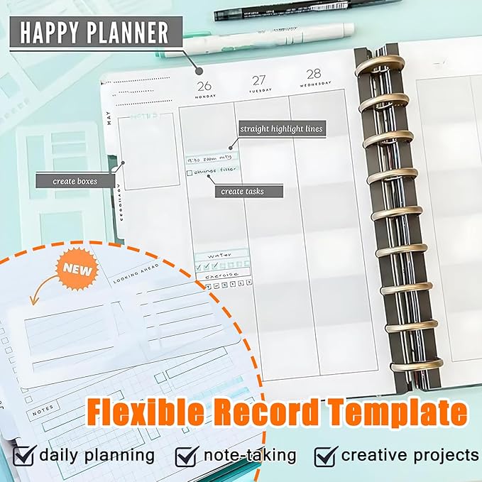 Handmade Flexible Record Template, Planner Stencil Set for Dot Grid Journals, Flexible Drawing and Checklist Templates, for Journaling Checklists Boxes Lines & Daily Planning, Set of 3 Pack (C)