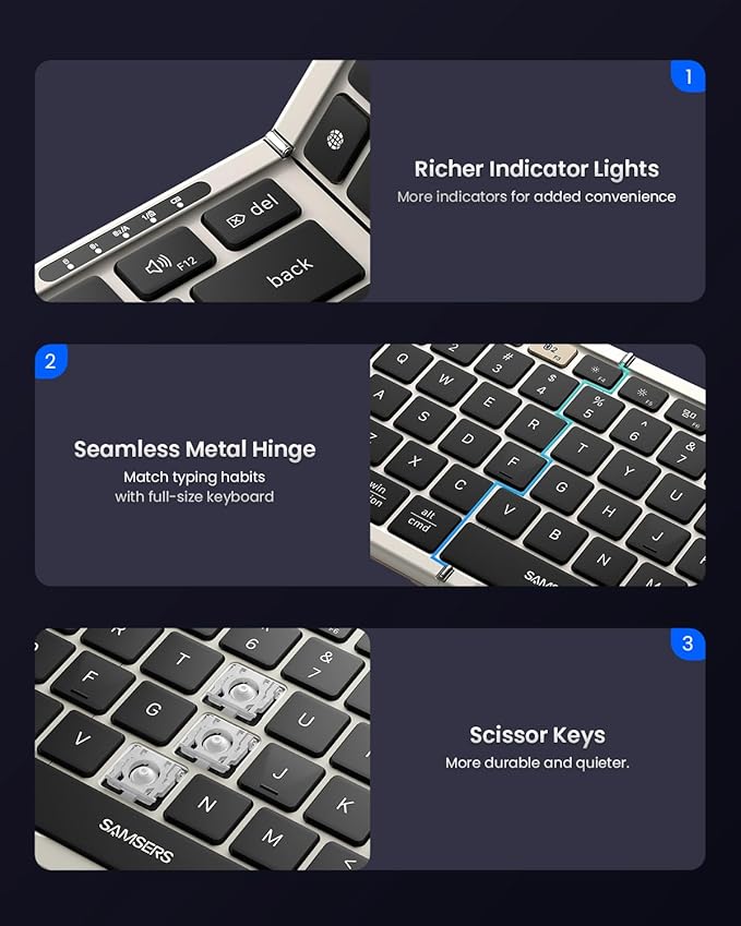 Foldable Keyboard and Mouse, Samsers Folding Bluetooth Keyboard Combo, 2.4G + BT5.0 x 2, Full-Size Portable Travel Keyboard & Rechargeable Wireless Mouse for Windows Android iOS Mac OS, Starlight