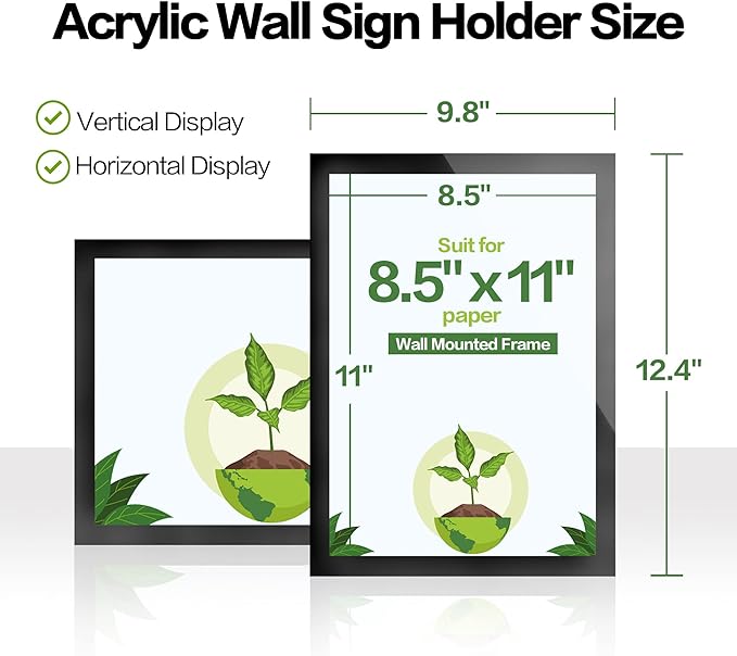 8.5" x 11" Acrylic Magnetic Sign Holder Wall Mount, Self Adhesive Magnetic Display Frame with Nano Tape and Strong Magnetic Border for Wall, Door, Glass, Home, Store, Office (Black, 10Pack)