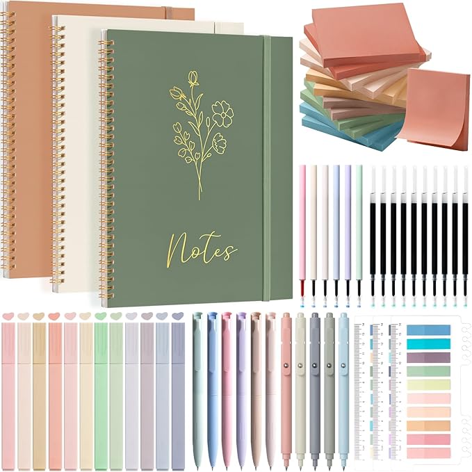 58PCS Aesthetic School Supplies, Cute College Ruled A4 Spiral Notebook Stationary Set Back to School Supplies Bible Study Kit Office College Essentials with Pastel Highlighters for Women Student Girls