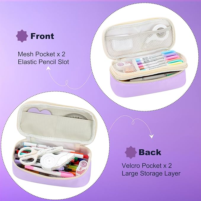 Pencil Case Aesthetic Pencil Bag with Zipper Pencil Pouch Big for Girls Kids Teens Adults Stationery Pencil Case Organizer for School Purple