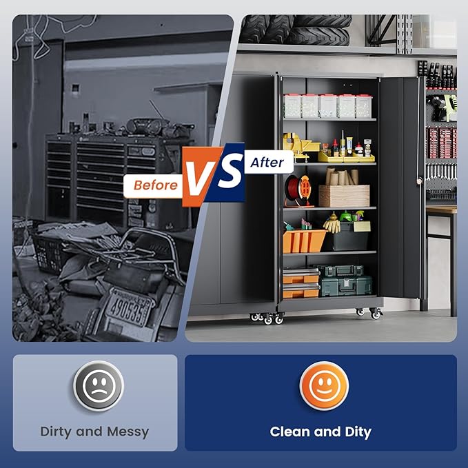 Yizosh Metal Garage Storage Cabinet with Locking Doors and Adjustable Shelves,- 75" Rolling Steel Tool Cabinet for Home Office,Garage,Warehouse