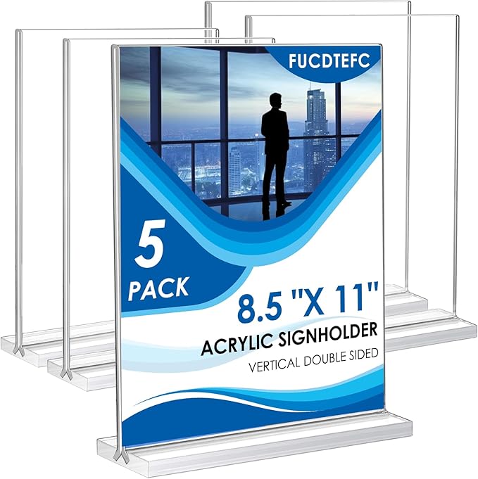 8.5x11 Acrylic Sign Holder 5 Pack, Vertical Double-Sided Display Standing, Clear Plastic Sign Holder Paper Flyer Menu Brochure Holders 8.5x11 inches for Restaurants, Office, Store