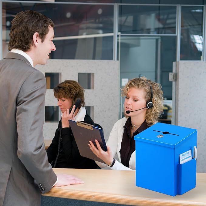 xydled Wall Mounted Ballot & Donation Box with 50 Suggestion Cards, Metal Suggestion Collection Box with Key Lock, Blue, 8.7"x 5.9"x7.1"