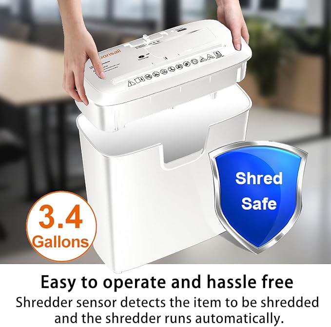 Bonsaii Quiet Strip-Cut Shredder, Up to 8 Sheets, Offering high Security, CDs, Credit Cards, Overheat Protection, Equipped with a 3.4-Gallon bin, Operates Quietly, Ideal for Home Office, White