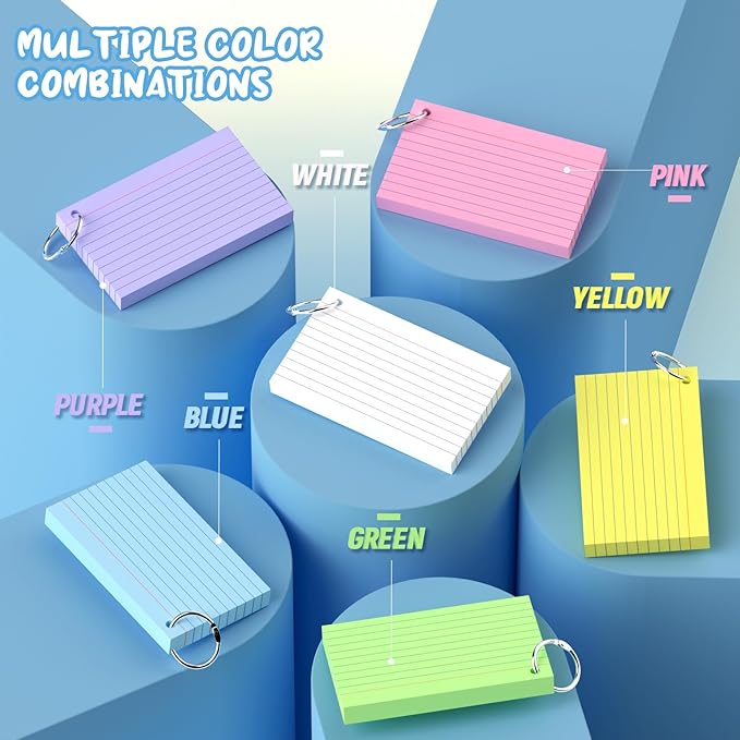 Colored Index Cards 3x5, 300 Count Lined Index Cards with Ring, 6 Colors Note Cards 3x5, 50 Sheets Each Pack, Heavy Bright Flash Cards with Rings, Colored Notecards 3x5 Lined for Office, Home, School